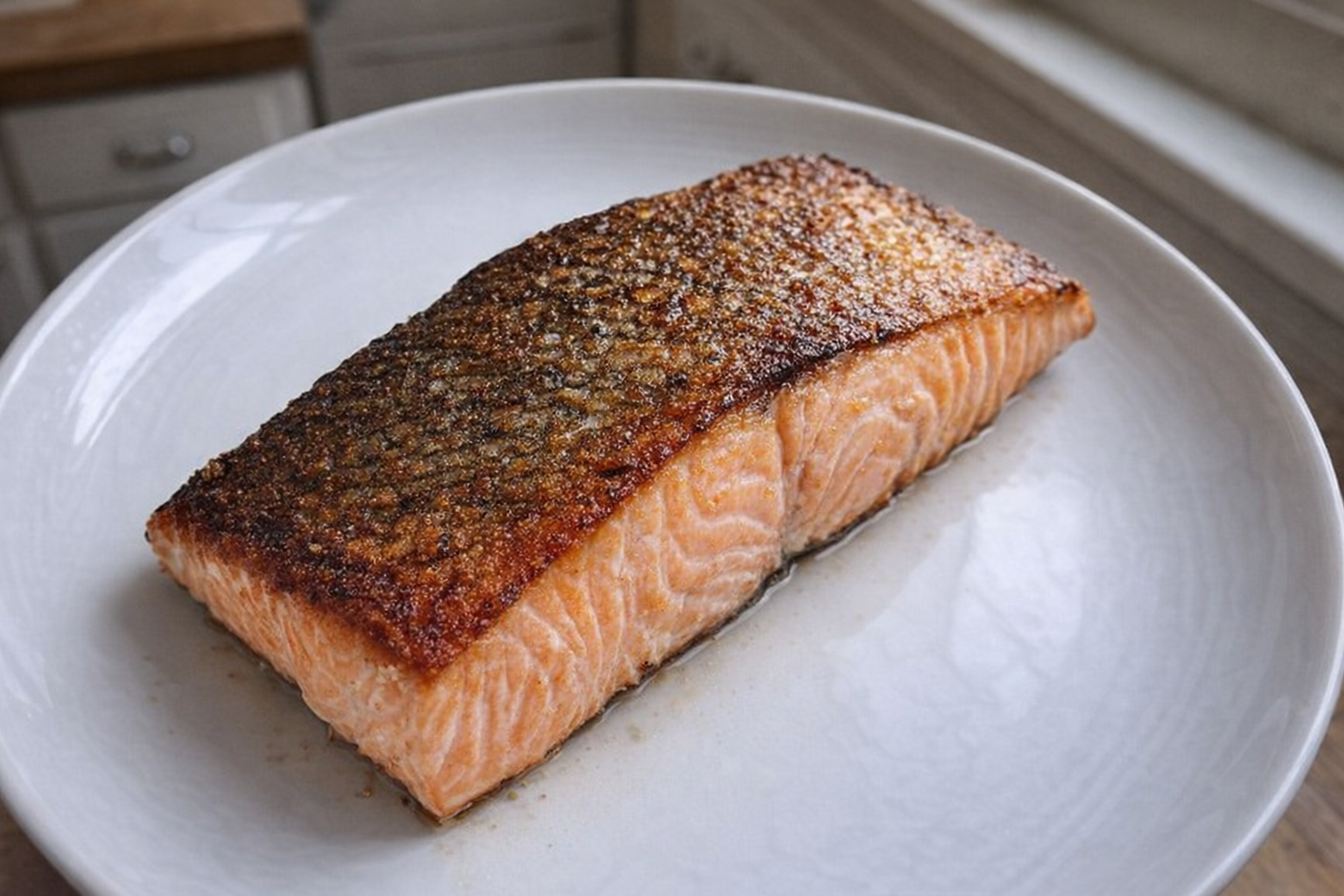 A close-up, top-down shot of perfectly cooked salmon fillet with crispy, golden-brown skin, sitting on a white plate, clean and minimalist